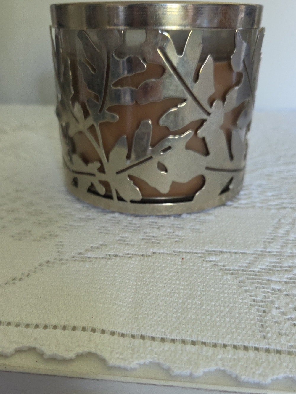 Silver Leaf Cutout Candle Holder with  "LEAVES" scented Candle From BBW .
